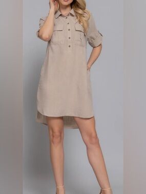 Khaki Linen-Like Mini Shirt Dress/Short Sleeves (Boutique Brand): Size Small